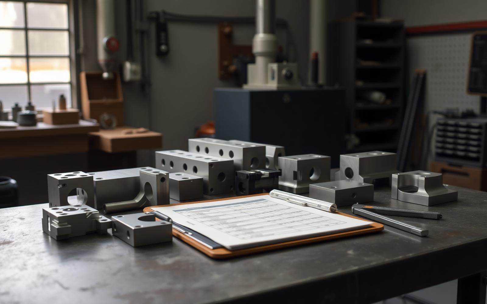 Machined prototype parts on a workbench beside a printed quote sheet