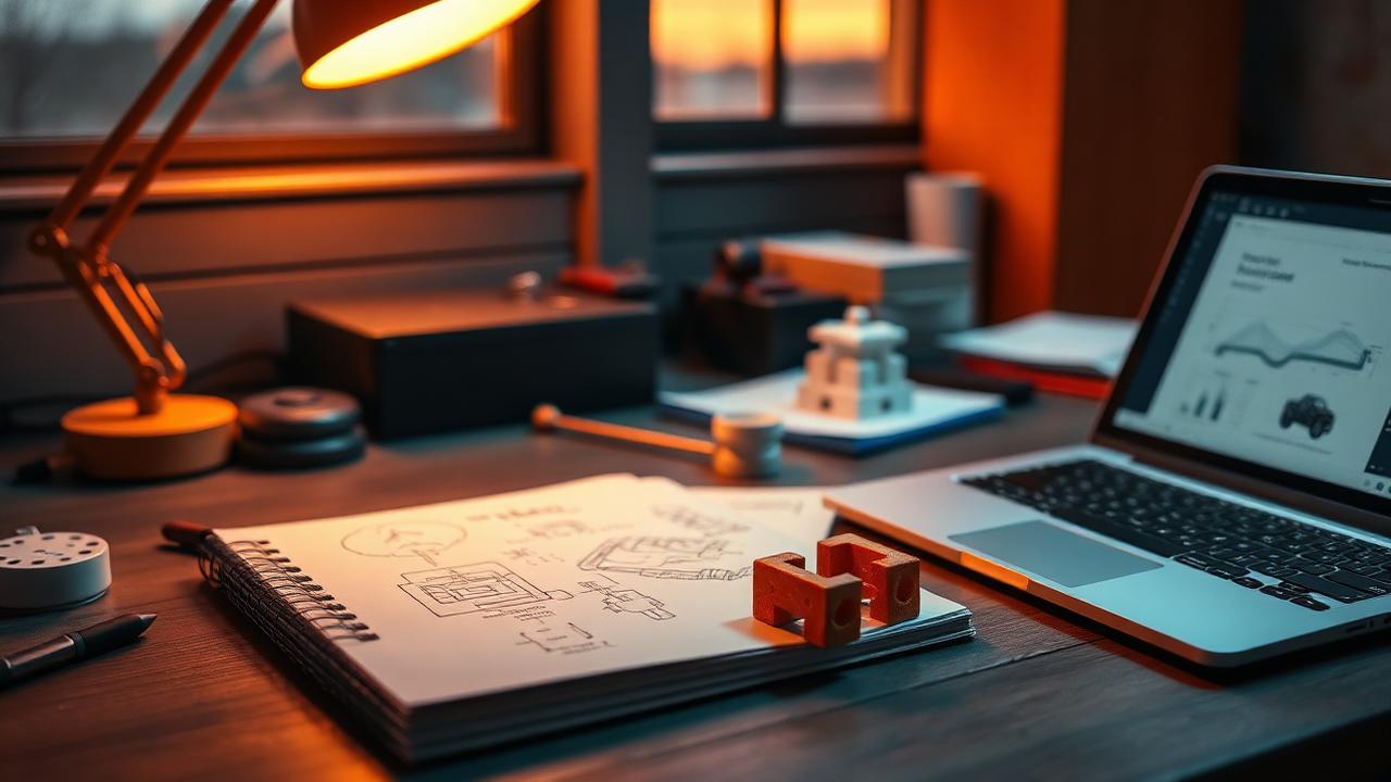 An entrepreneur's evening desk with a hand-sketched product concept notebook, a rough 3D-printed part and a laptop showing a development plan