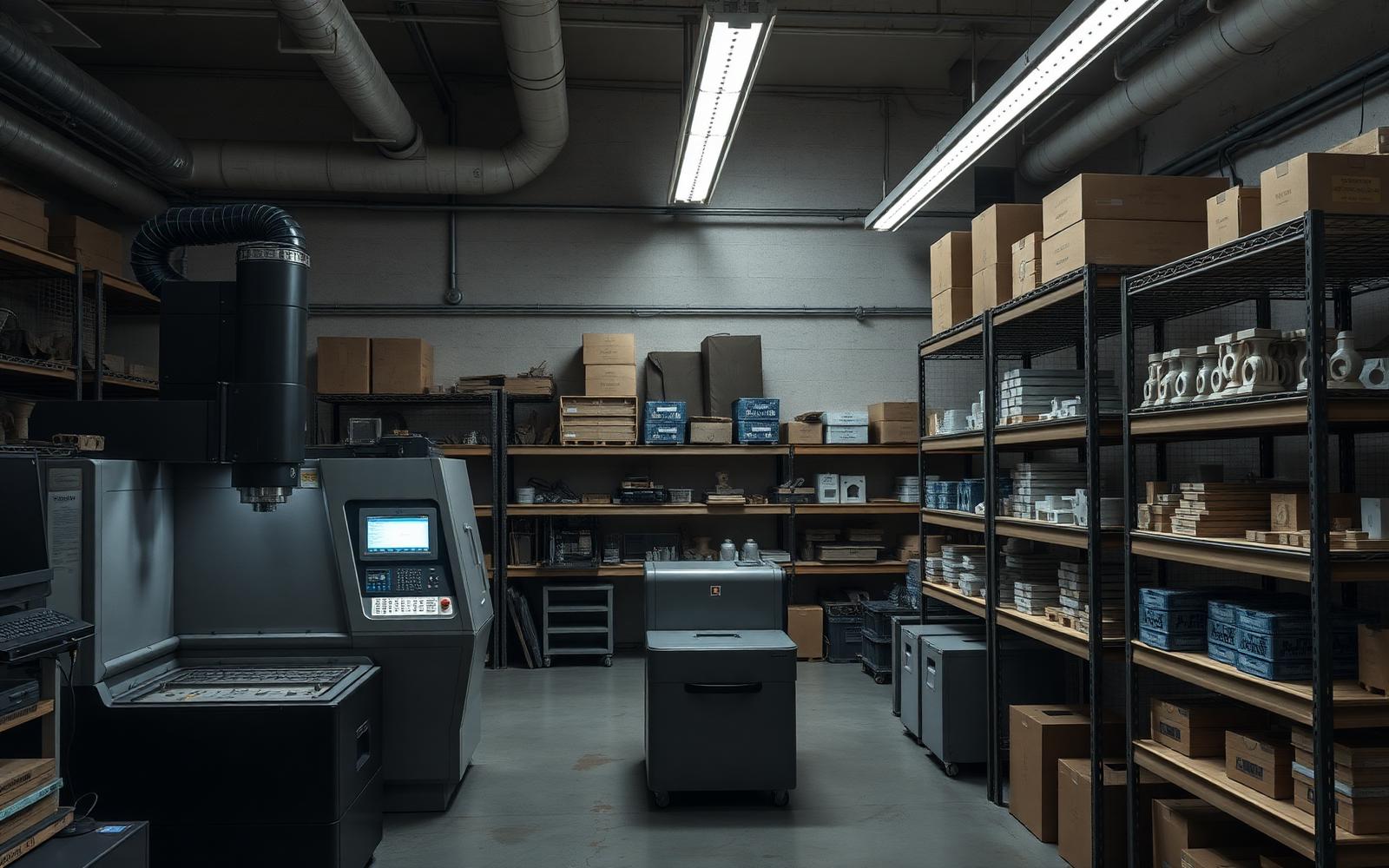 Rapid prototyping shop interior with a CNC mill, resin printer and cast parts on shelving