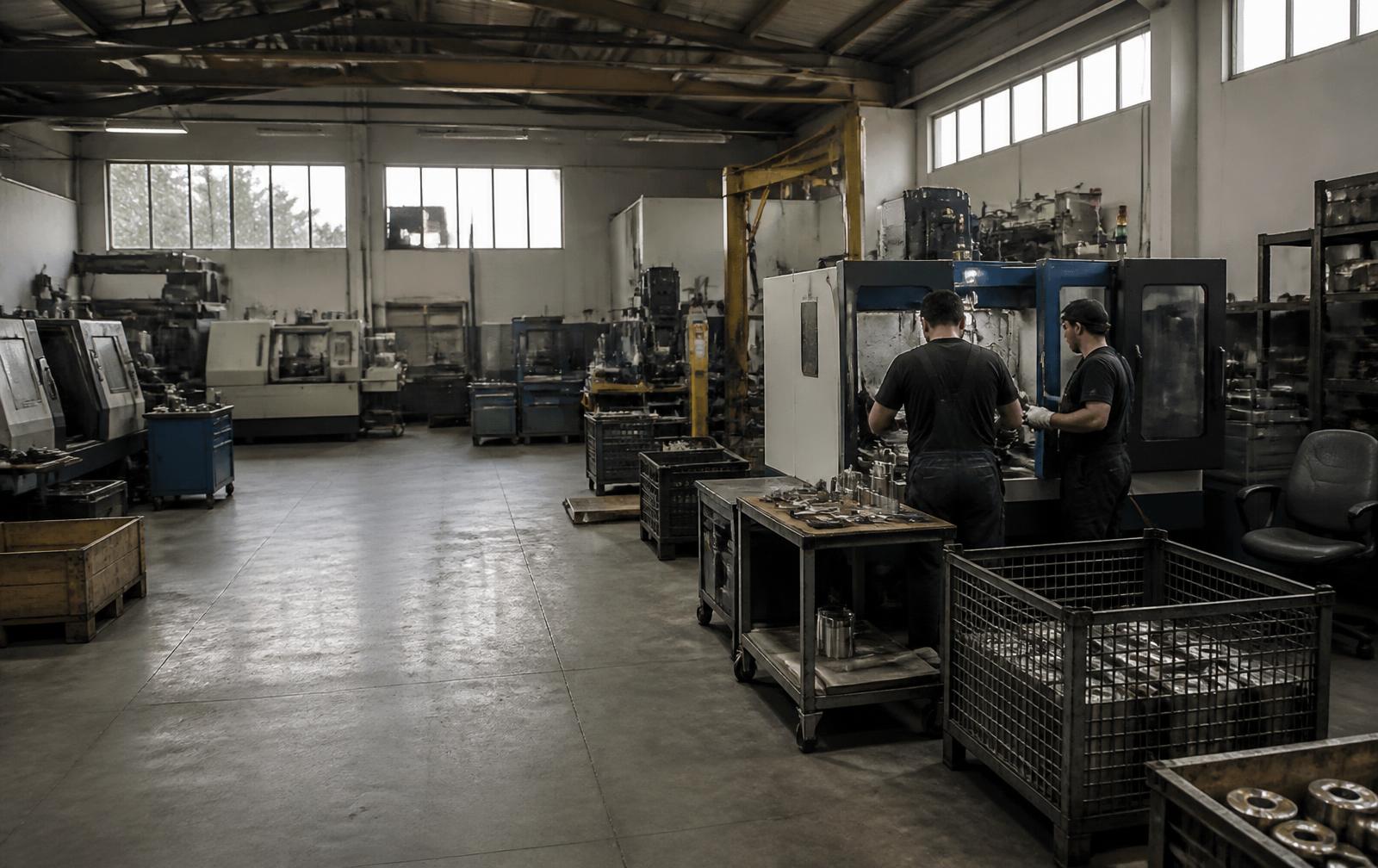 Small manufacturing floor running a single active production cell during a downturn