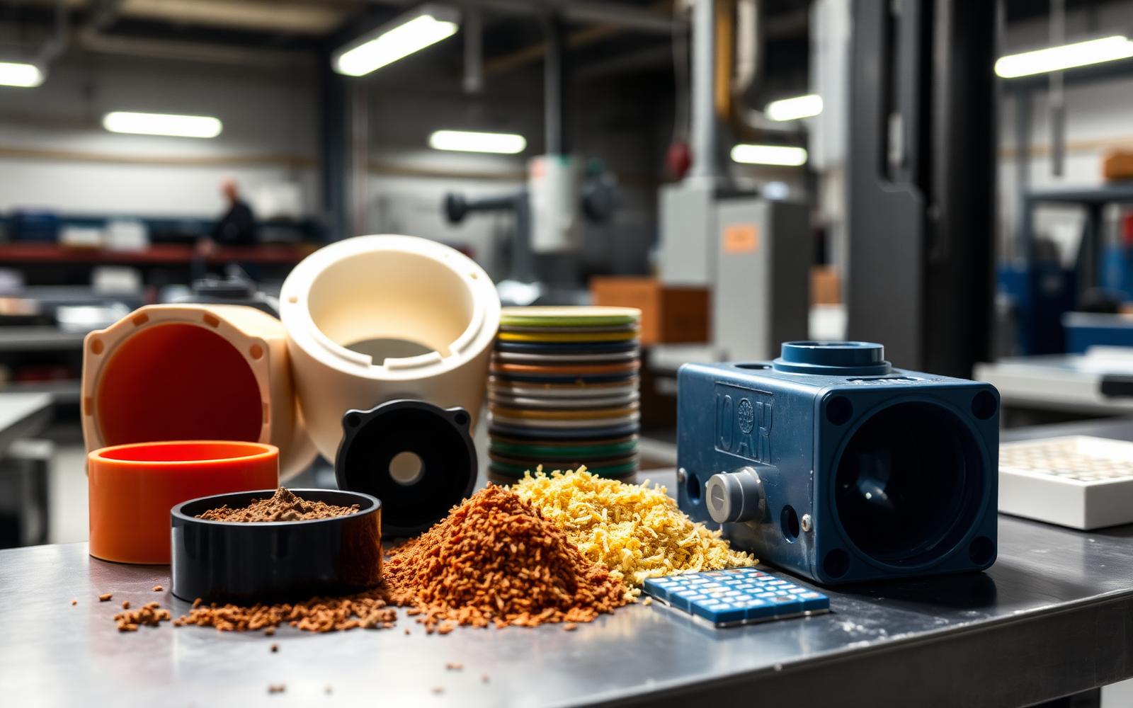 Recycled polymer parts and regrind resin samples on a quality-control bench