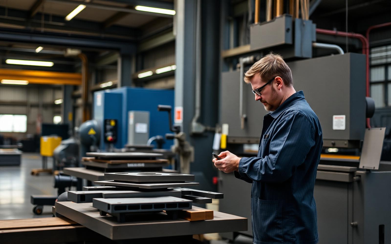 Technician inspecting fabricated sheet metal parts beside a press brake on a regional manufacturing floor