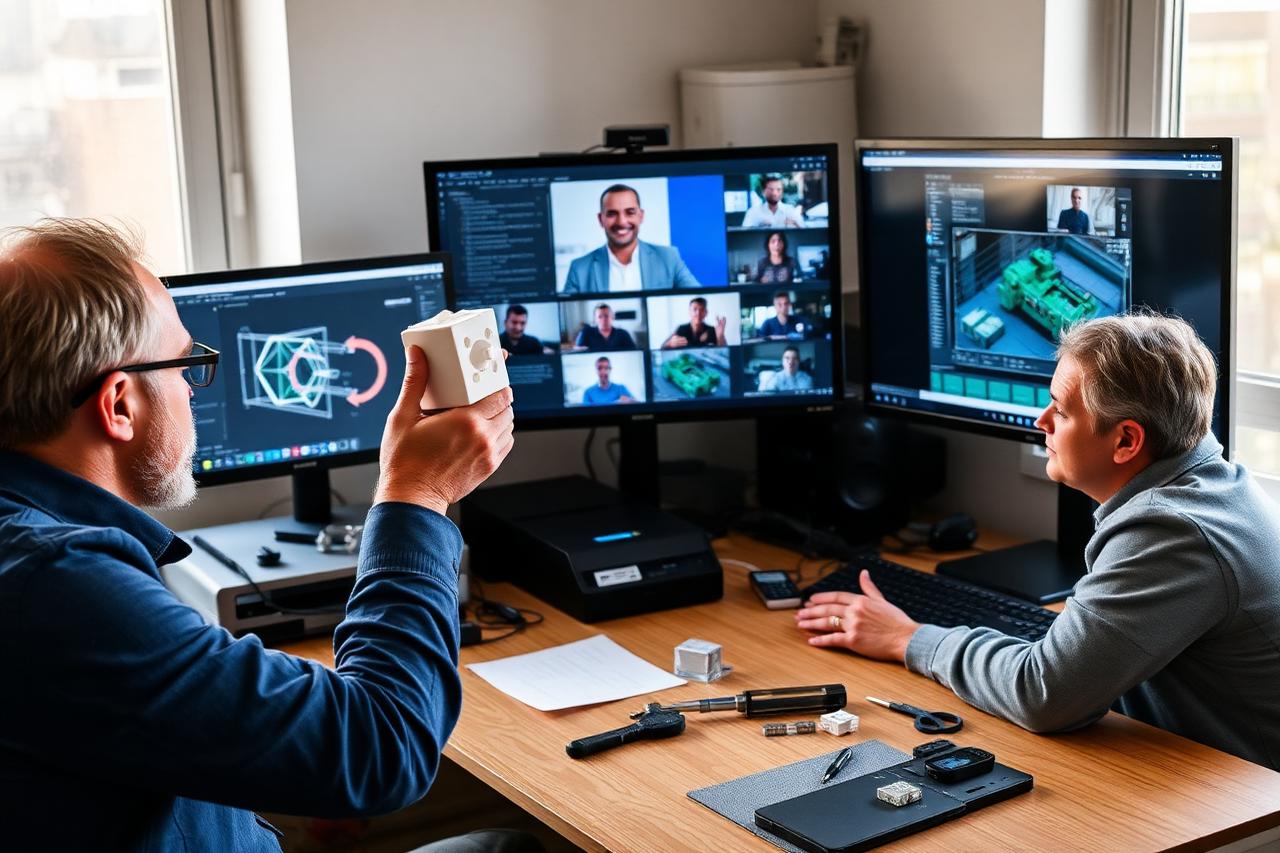 Two engineers holding a 3D-printed prototype up to a webcam during a remote design review with CAD on screen