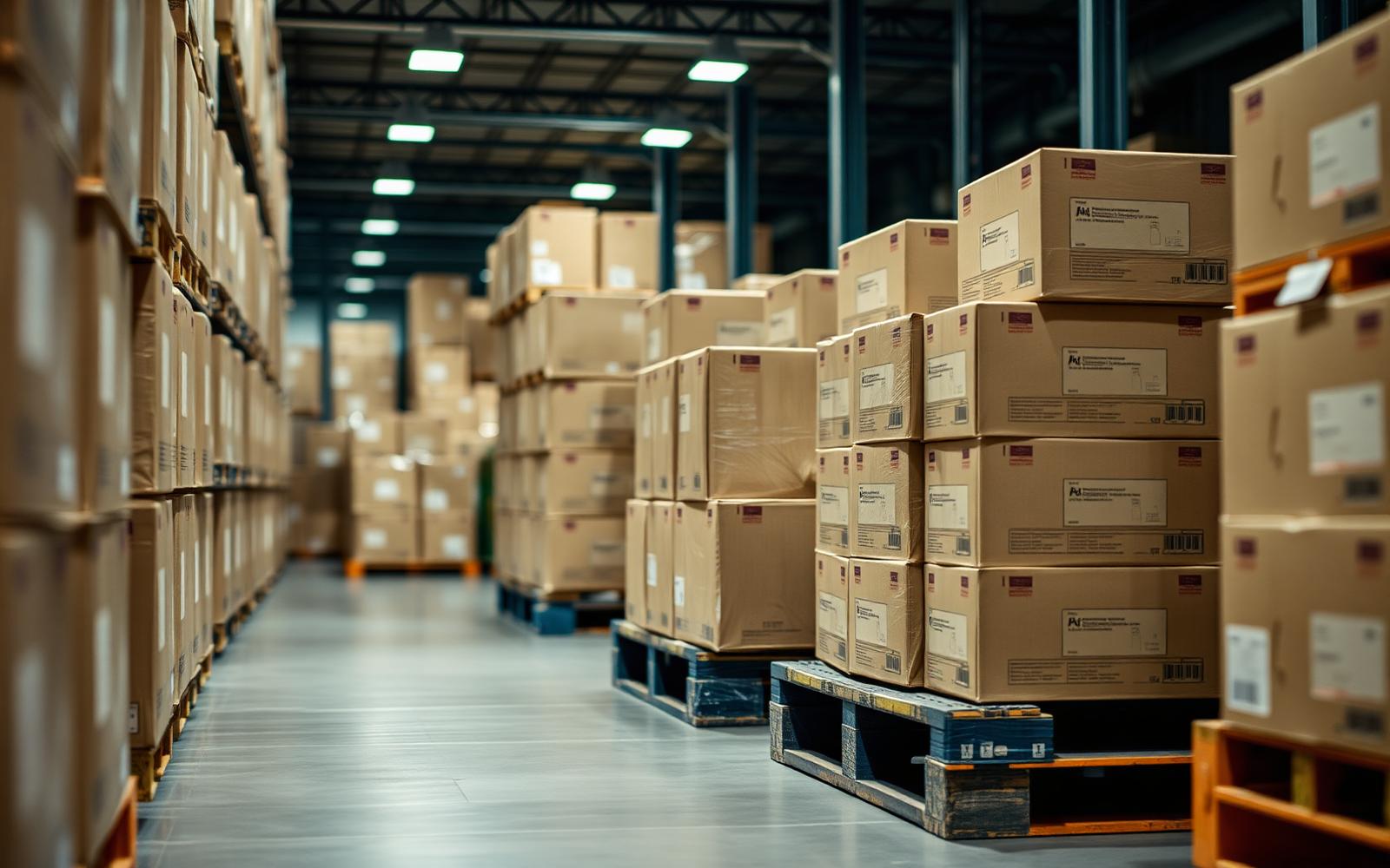 Palletized retail cartons staged in a distribution warehouse aisle ready for store distribution