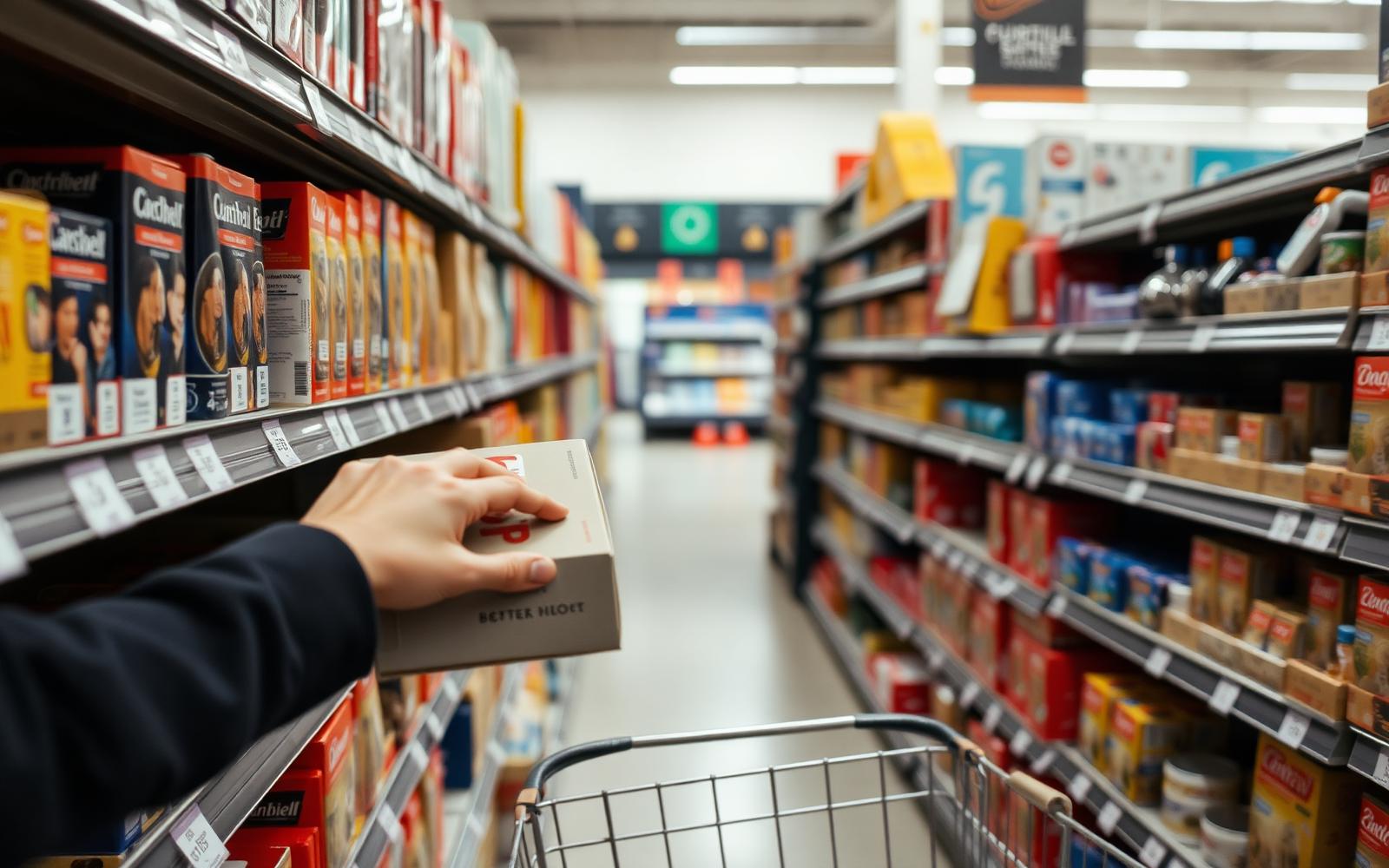 Shopper reaching for a boxed consumer product on a hardware store shelf, with rows of packaged goods receding down the aisle