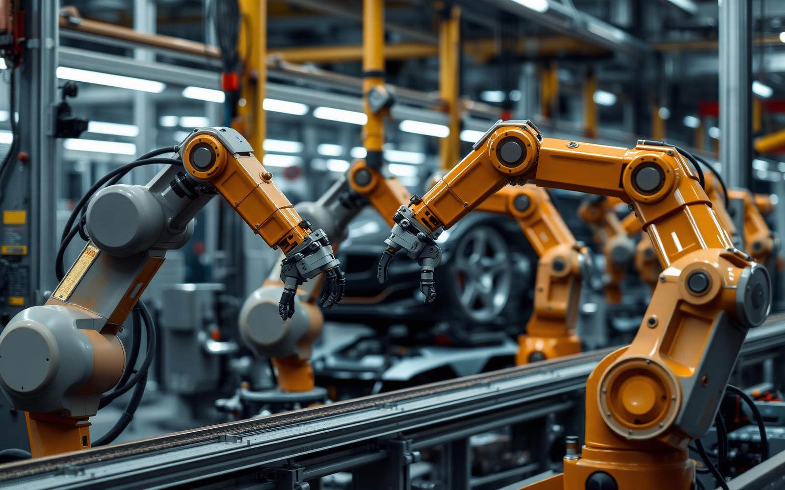 Industrial robot arms performing assembly operations on a production line inside a manufacturing plant