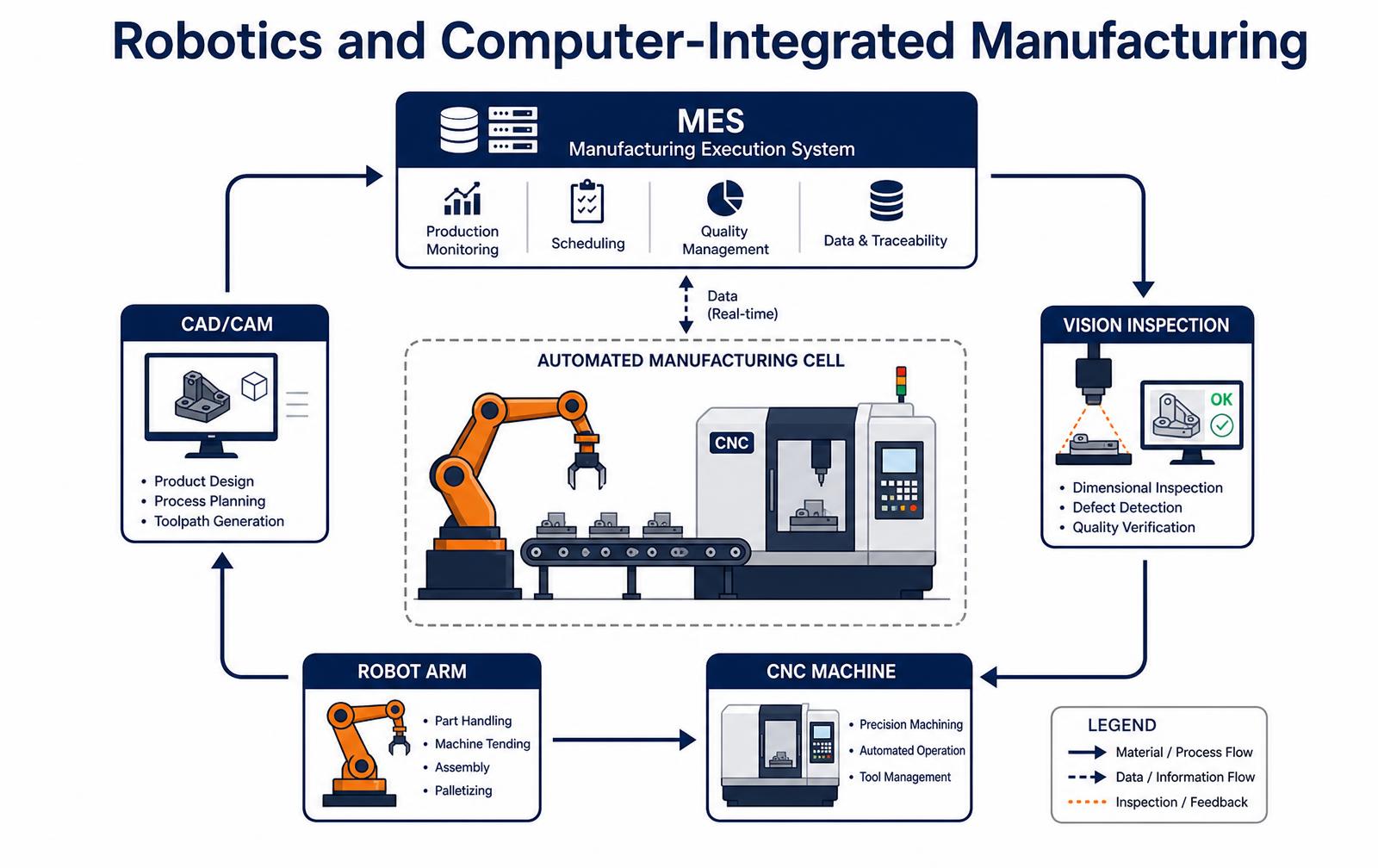 Diagram of robotics and computer-integrated manufacturing showing CAD/CAM, robot arm, CNC machine, vision inspection and MES data layer connected in a closed loop