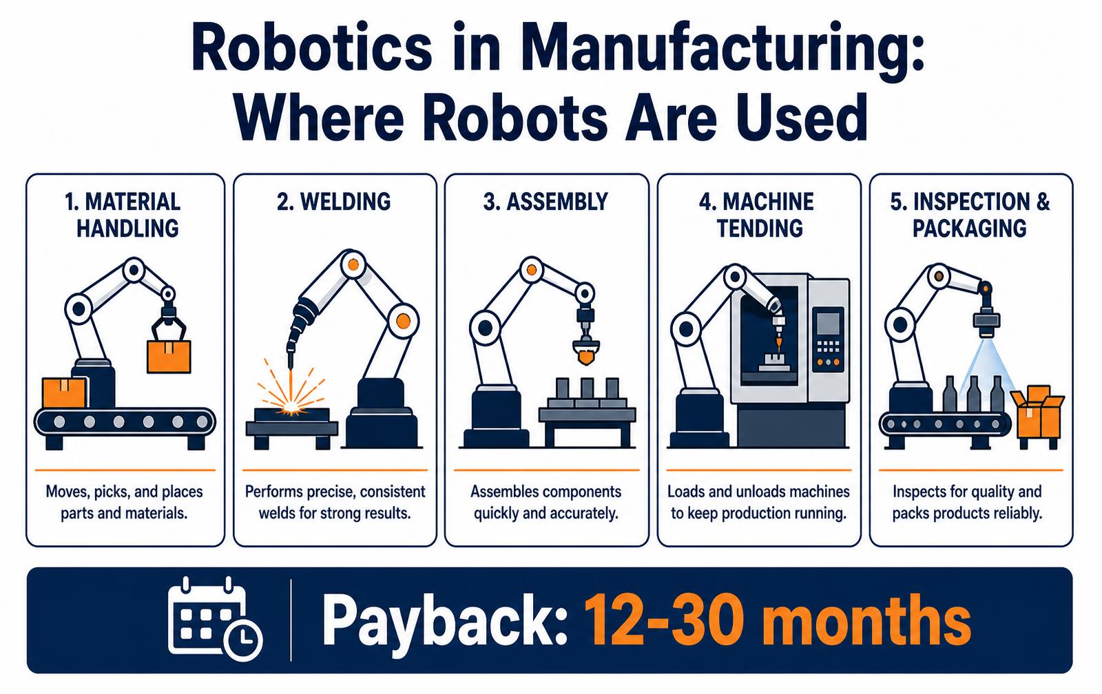 Infographic showing five robotics in manufacturing applications: material handling, welding, assembly, machine tending and inspection