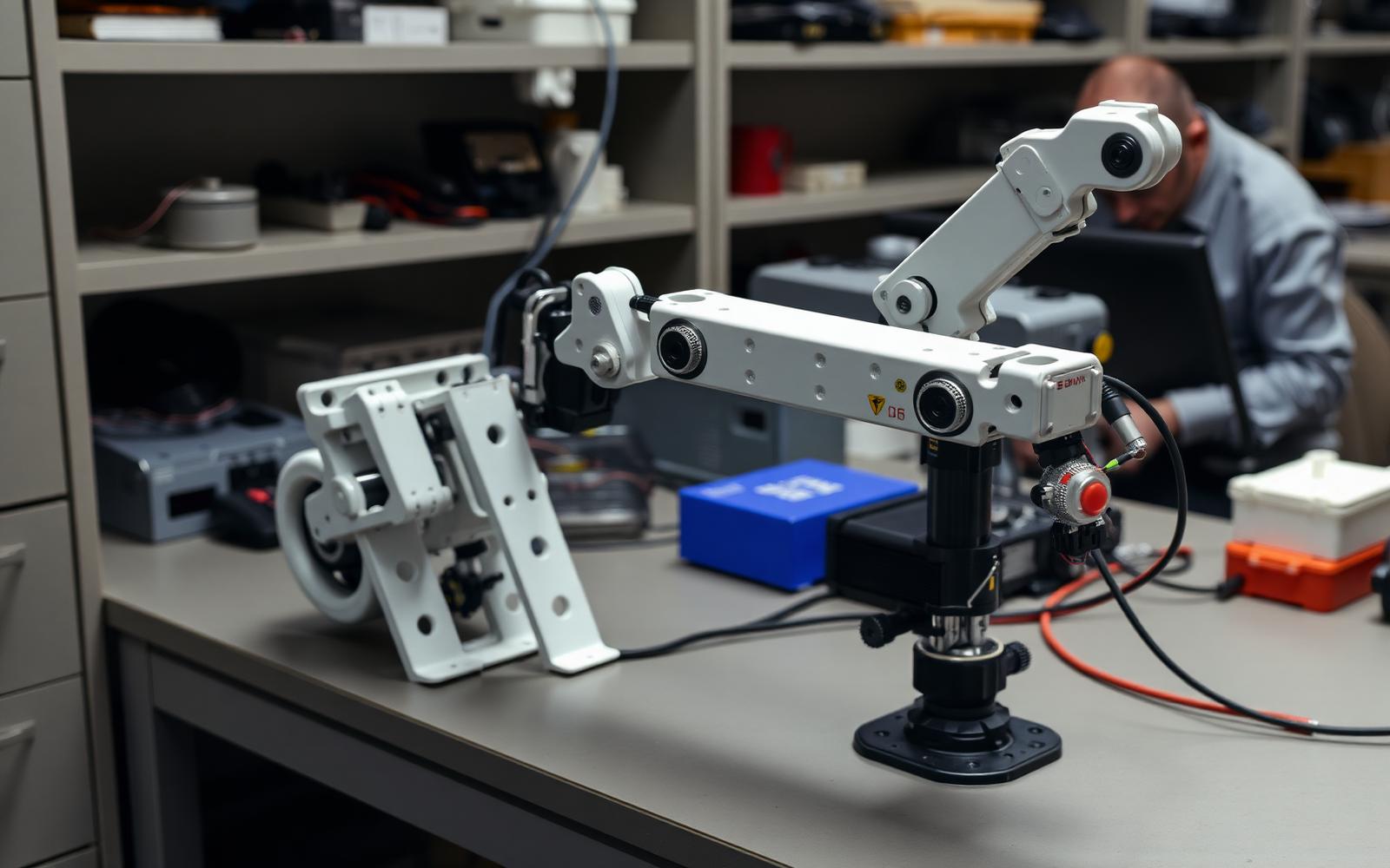 Partially assembled robot arm with printed brackets, servo motors and wiring harness on a lab bench with a technician testing motion