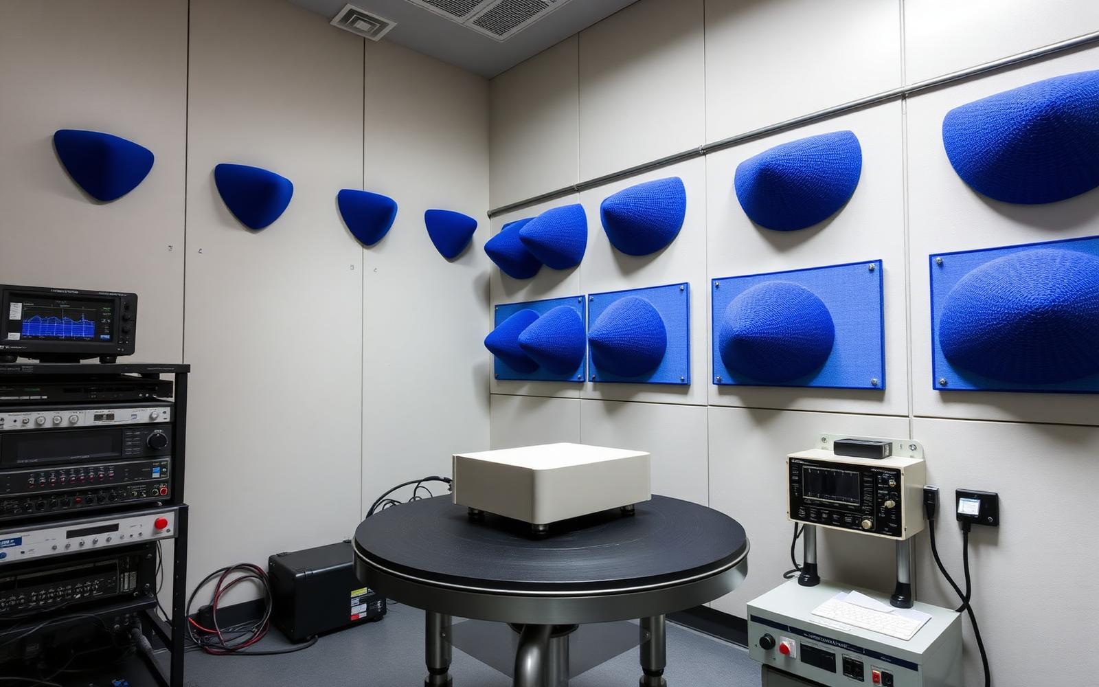 EMC test chamber with RF absorber cones, a device under test on a turntable and instrumentation racks