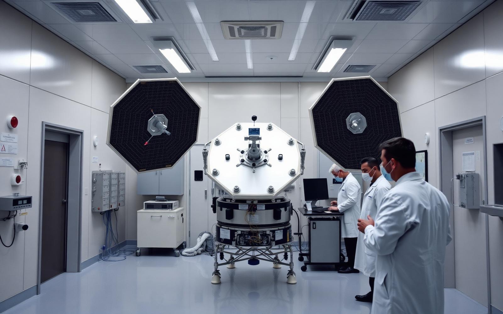 Technicians in white coats inspecting satellite hardware inside a clean room