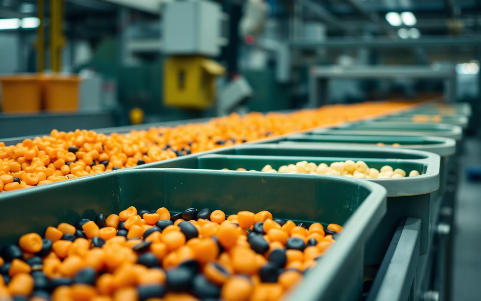 Injection moulding line producing orange and black seasonal novelty components into sorting bins