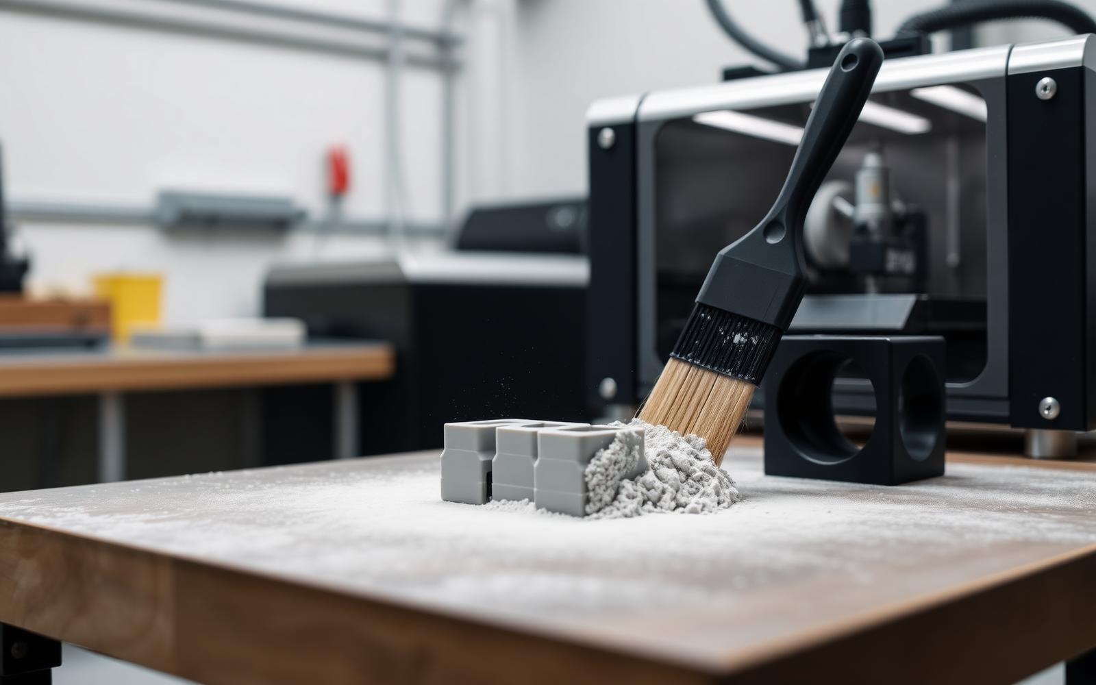 Freshly printed SLS nylon prototype parts being brushed free of gray powder on a workshop bench next to an industrial 3D printer