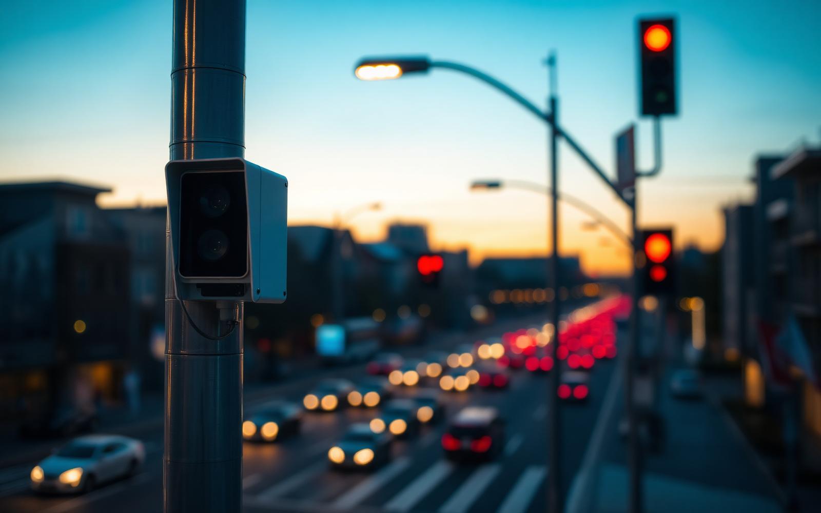 Compact smart city sensor enclosure mounted on a street light pole above an urban intersection at dusk