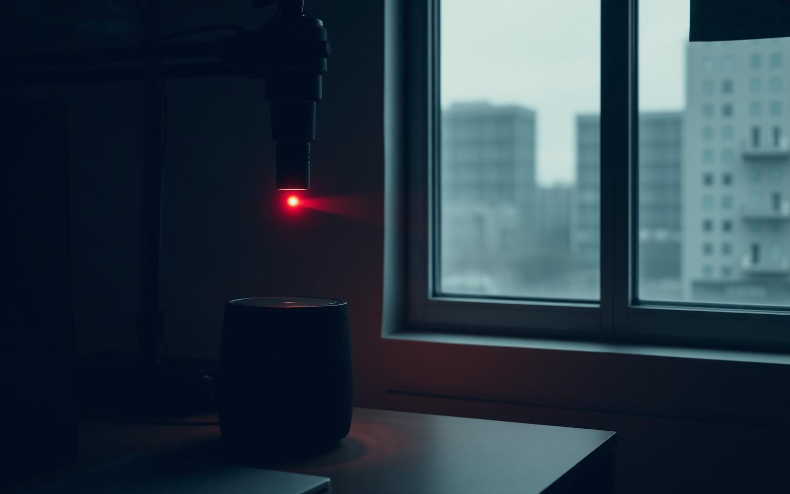 Smart speaker on a desk being tested with a laser rig in a security research lab