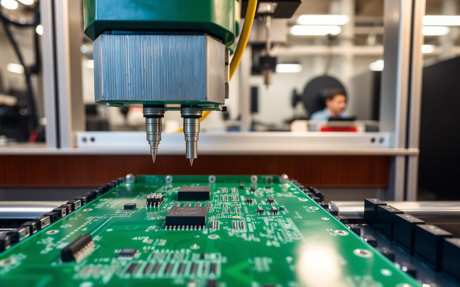 Surface-mount pick and place machine populating a green circuit board panel on an electronics assembly line