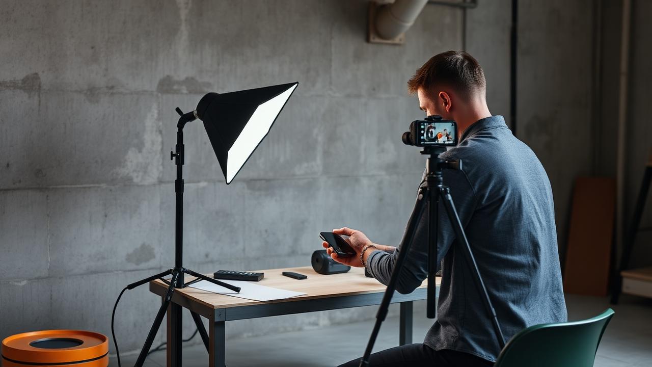Marketer photographing a new hardware product on a small tabletop studio setup with softbox lighting
