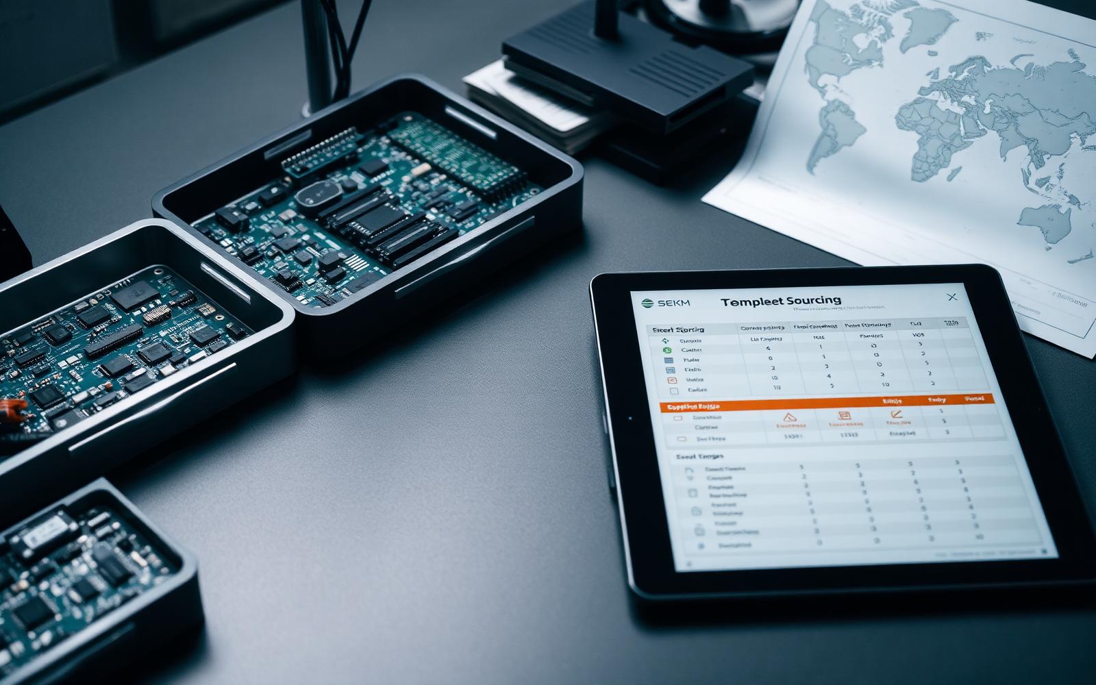 Component trays from multiple suppliers beside a shipping route map and a supplier scorecard