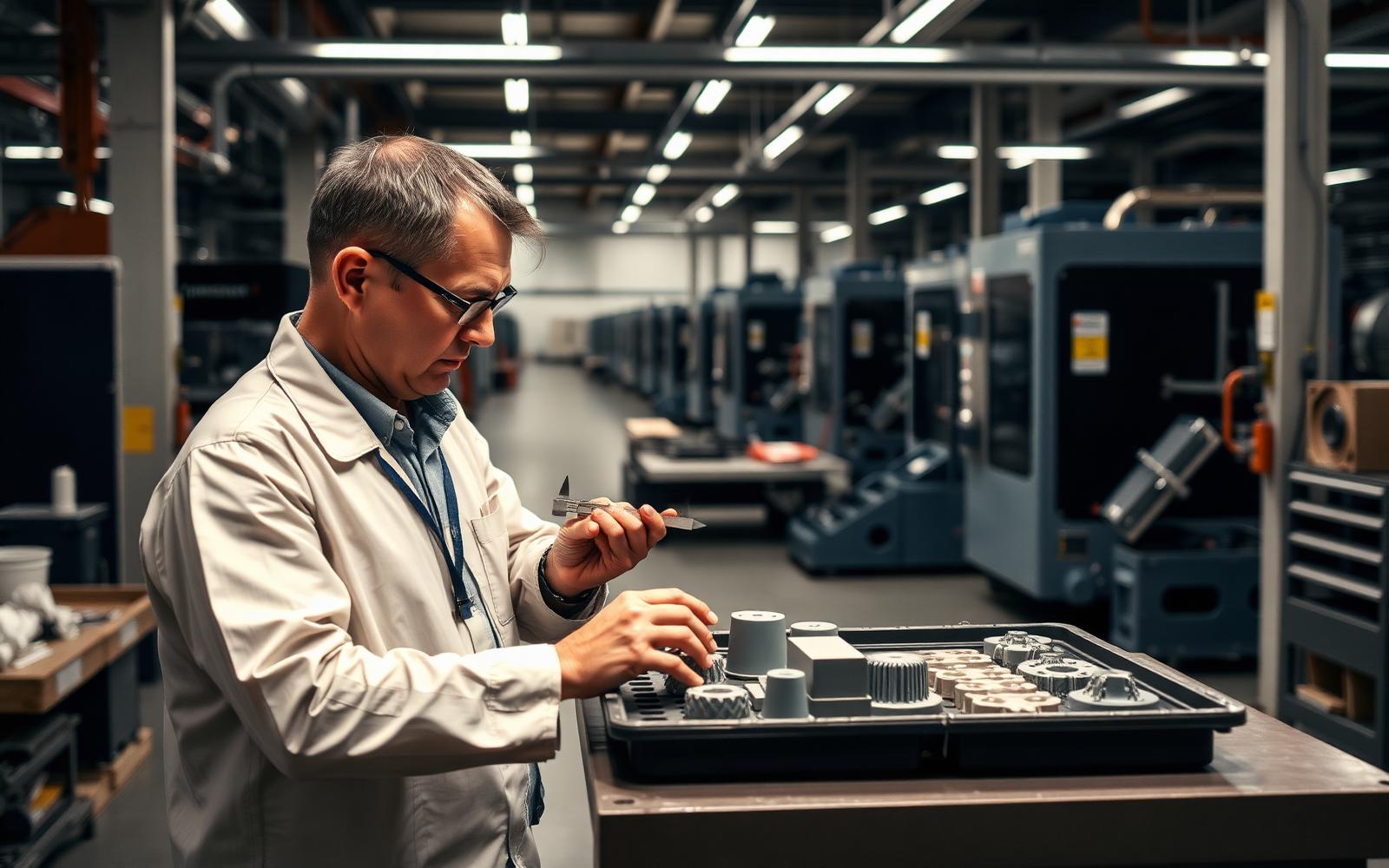 Quality inspector checking molded production samples with calipers