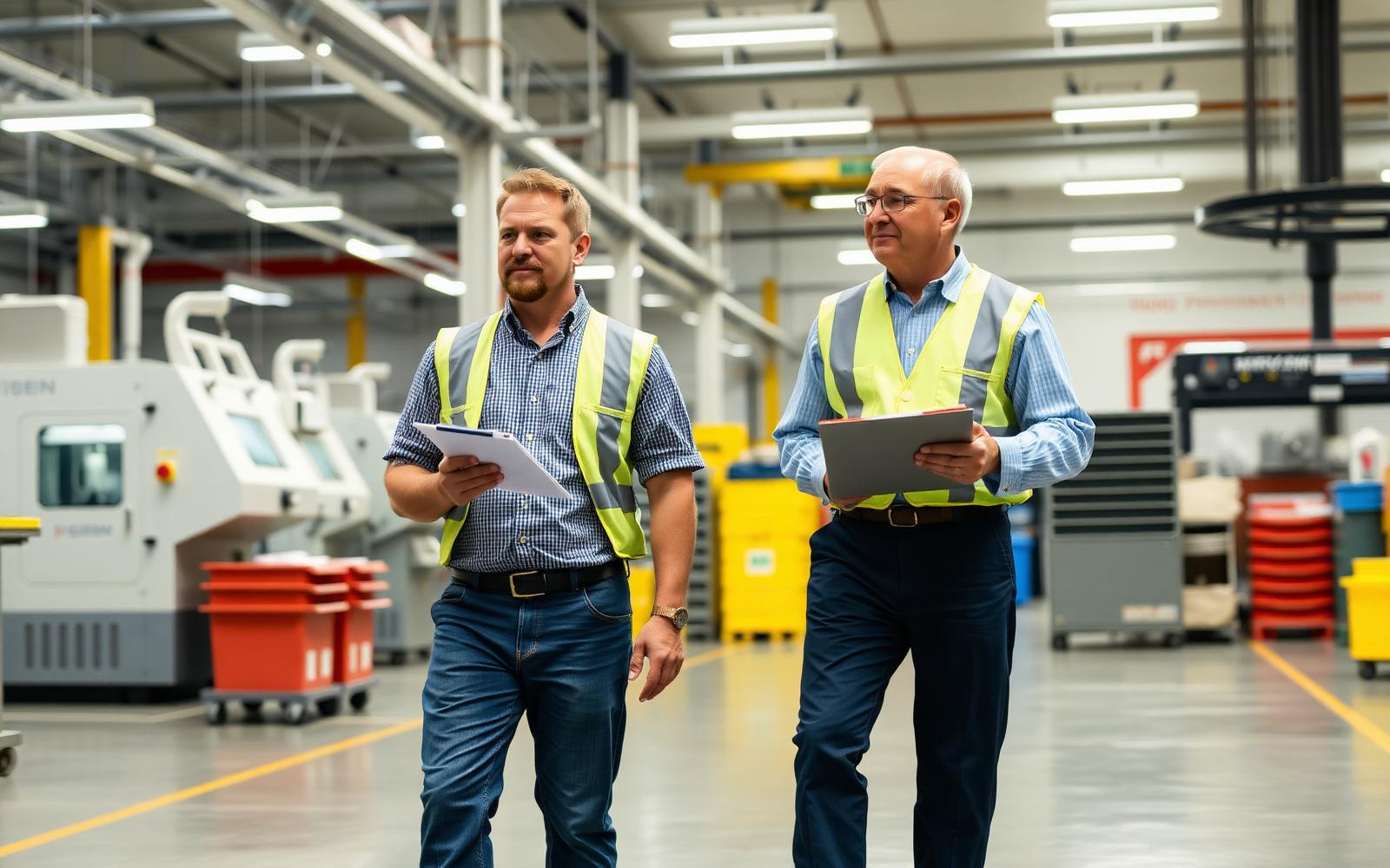 Two engineers walking a contract manufacturing floor during a supplier audit with molding machines around them