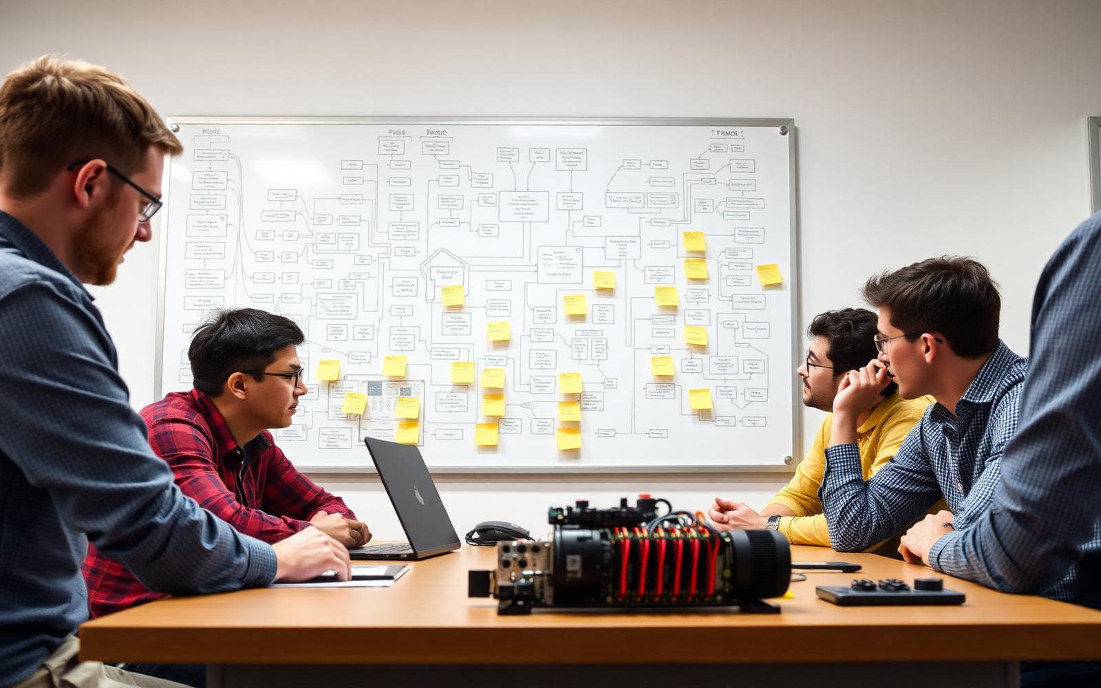 Engineering team reviewing a wall-sized system diagram with sticky notes beside a hardware prototype