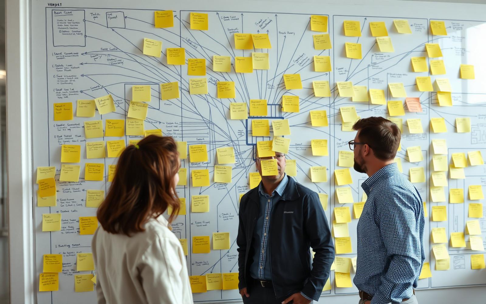 Engineers reviewing a wall map of connected notes and diagram lines for a hardware system