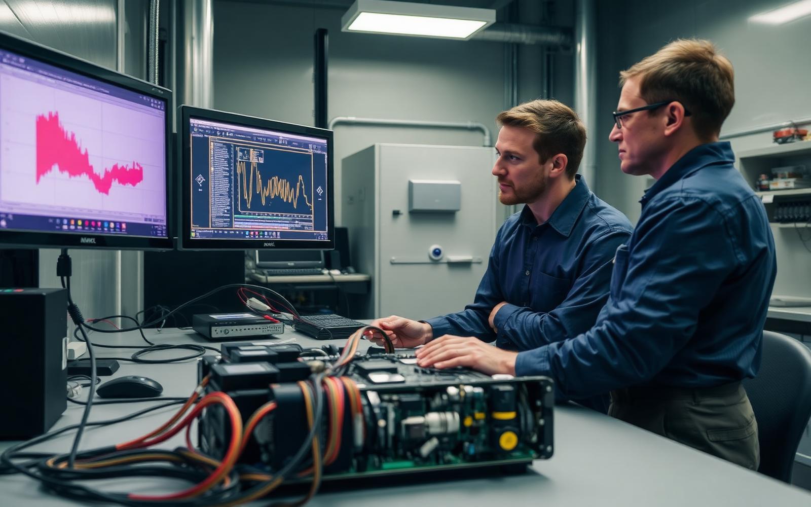Engineers reviewing failure-mode test data next to a disassembled electronics prototype in a lab