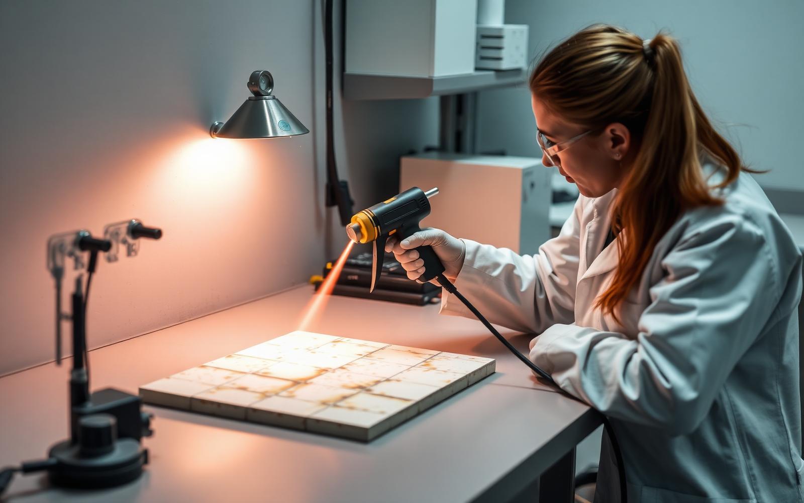 Researcher directing a heat gun at an instrumented ceramic thermal protection coupon on a laboratory bench