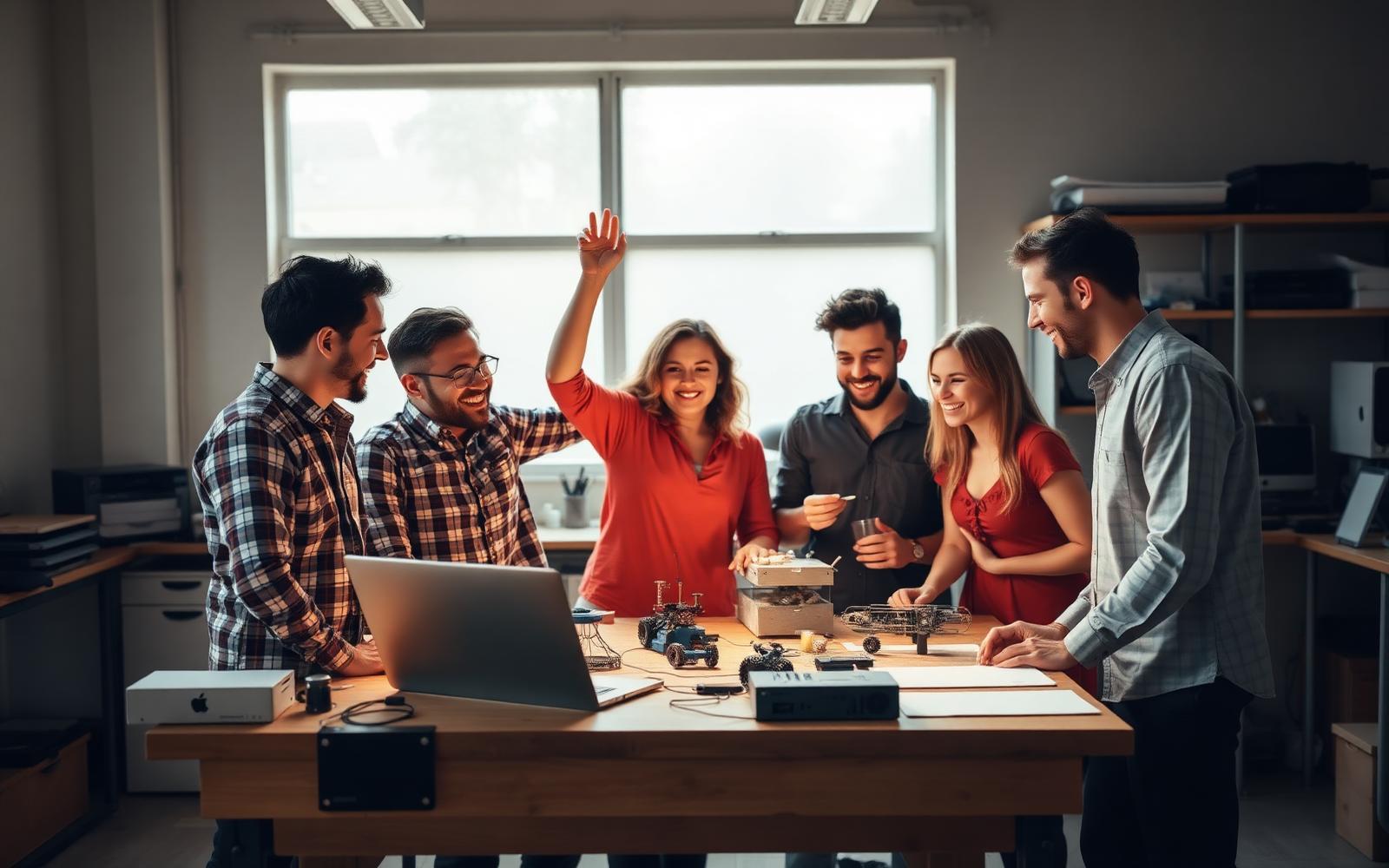 Product development team gathered around a workbench of prototypes celebrating a milestone