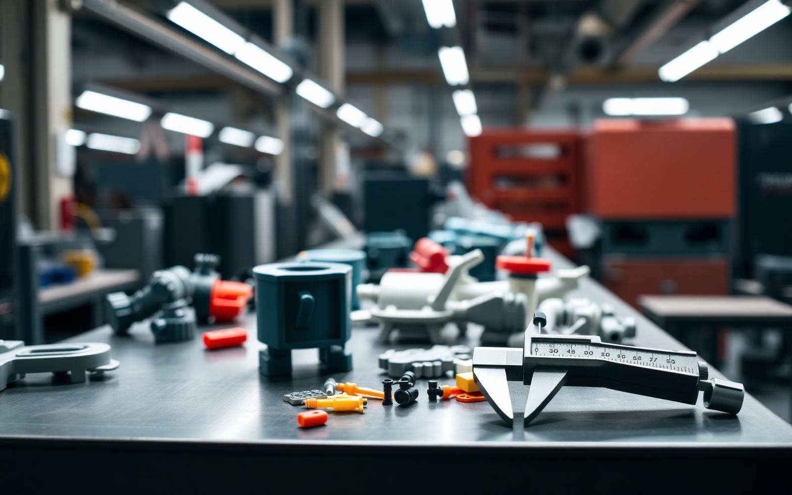 Plastic toy parts on a factory quality control table with calipers and small parts inspection tools