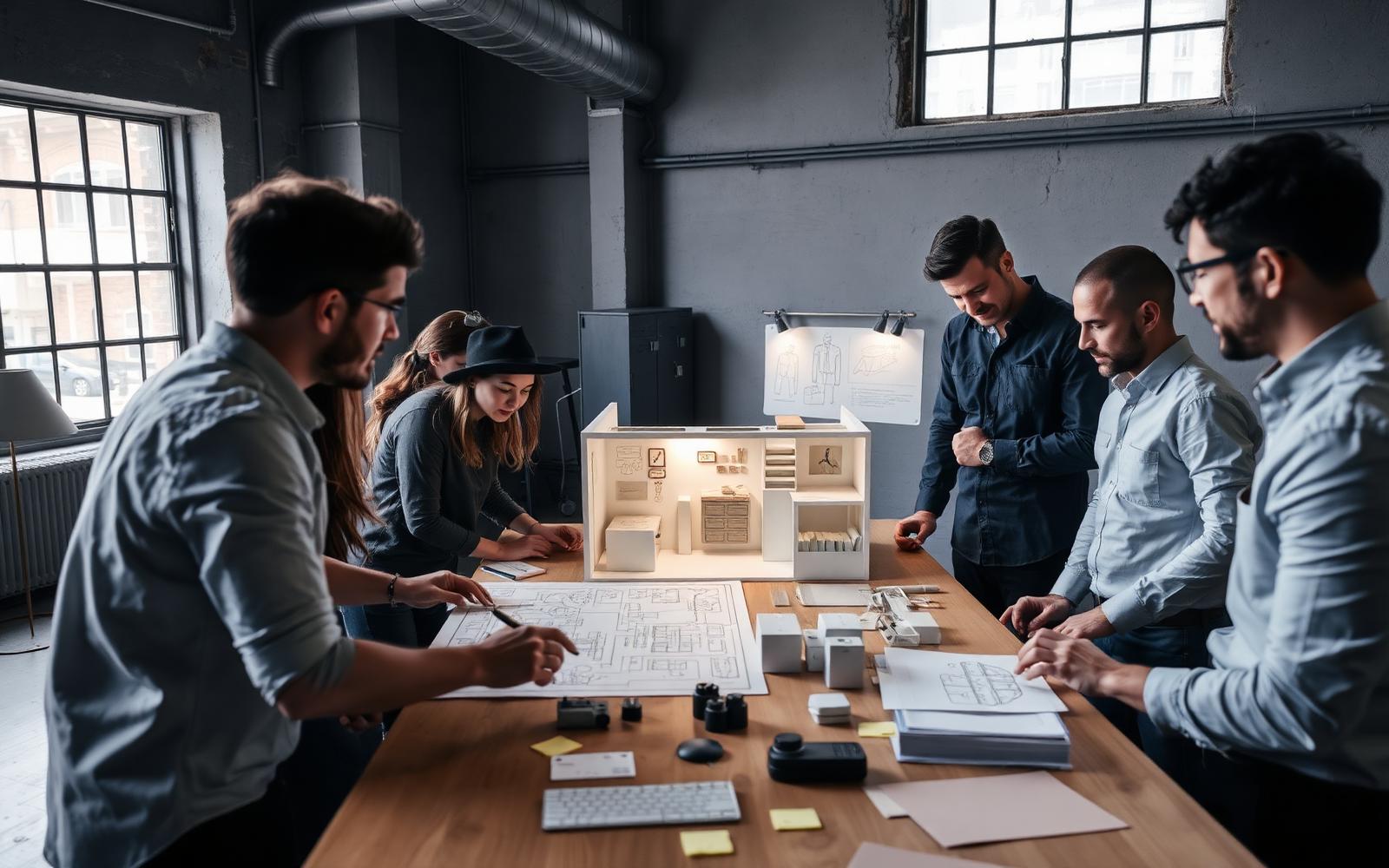 Product team planning an exhibition booth around a scale mockup, floor plans and prototypes