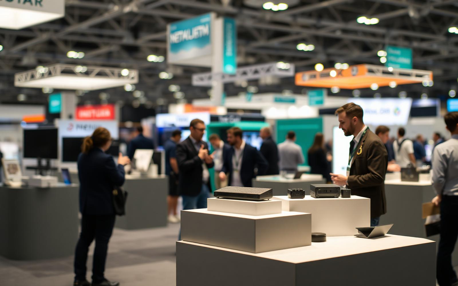 Small hardware company booth with product samples on plinths while staff speak with a visitor in a busy exhibition hall
