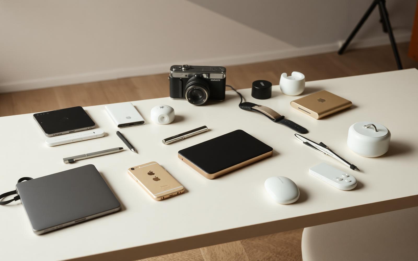 Assorted consumer gadgets and accessories arranged on a table for trend evaluation