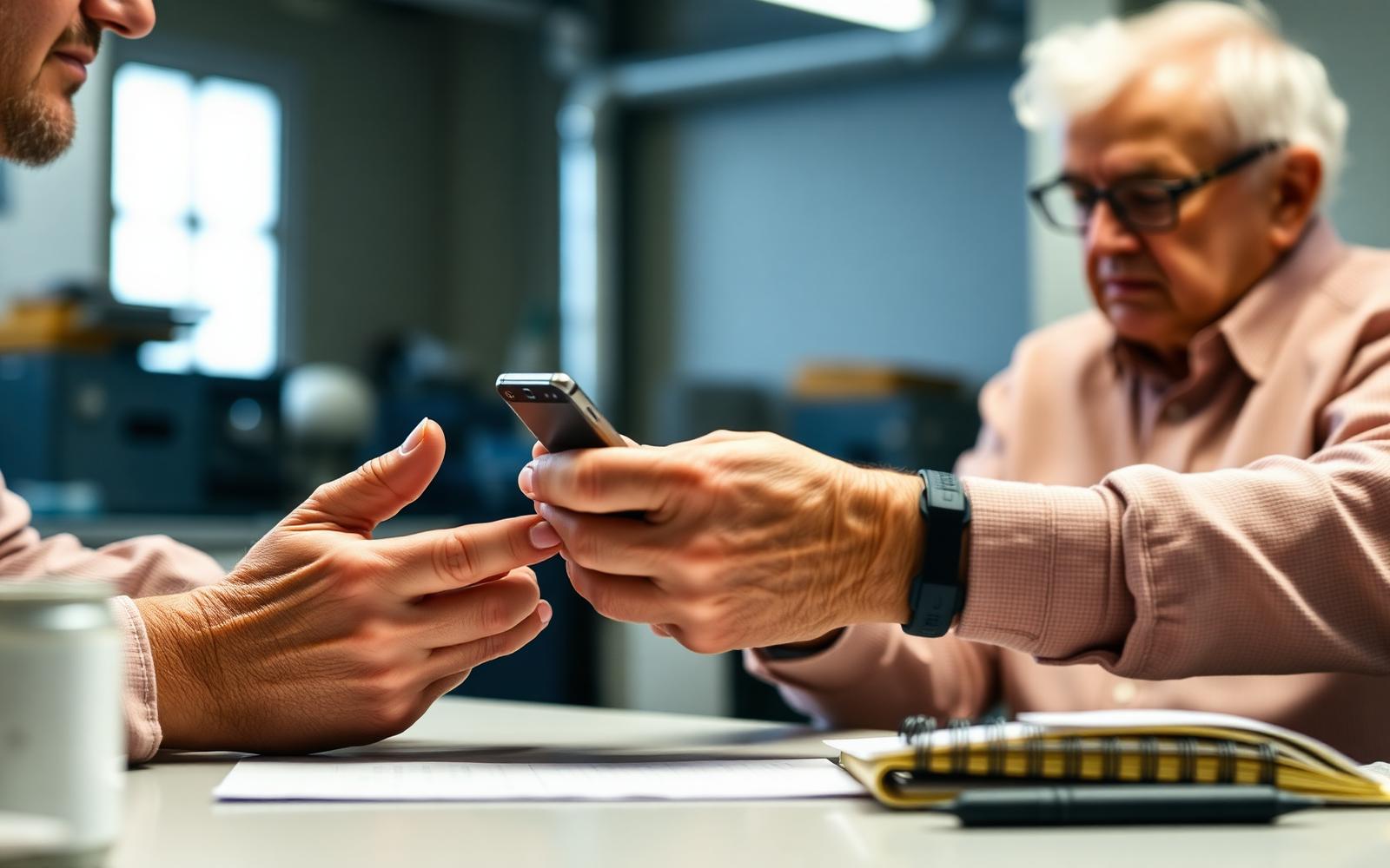 Close-up of an older adult's hands operating a handheld device during a usability test while an observer takes notes