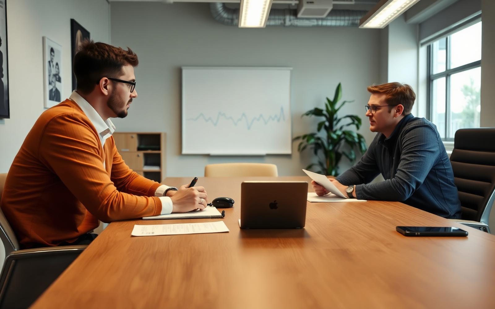 Product manager interviewing a customer across a meeting table while a colleague takes notes
