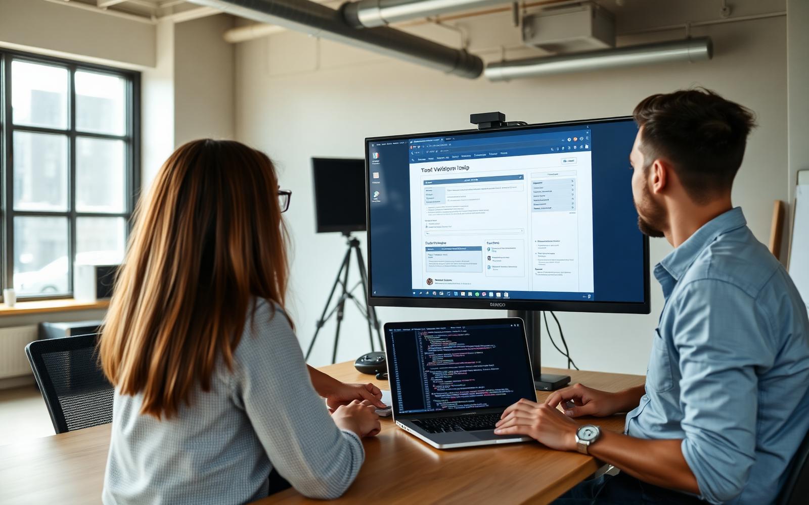 Two team members reviewing a website layout on a large monitor with a laptop open to code
