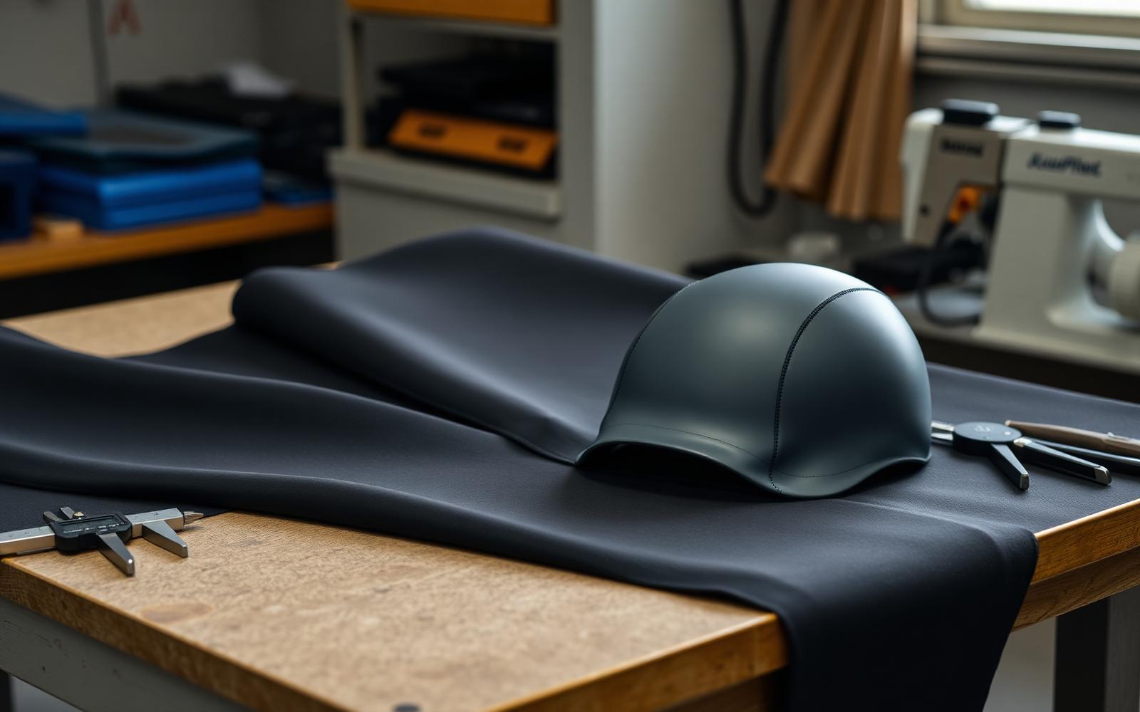 Neoprene wetsuit panels and swim cap on a product development bench