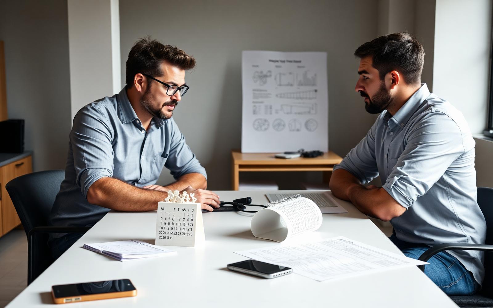 Inventor and product development engineer reviewing a 3D printed prototype and drawings across a table