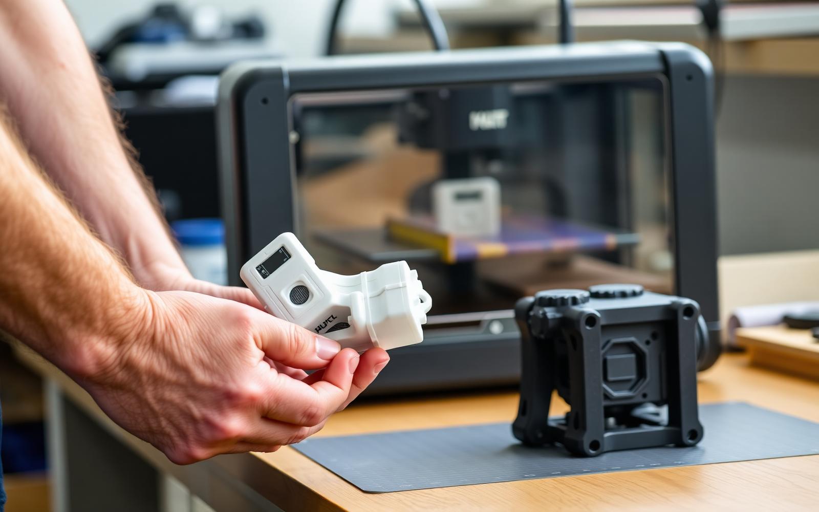 Engineer holding an early 3D printed prototype next to a later refined version of the same handheld device