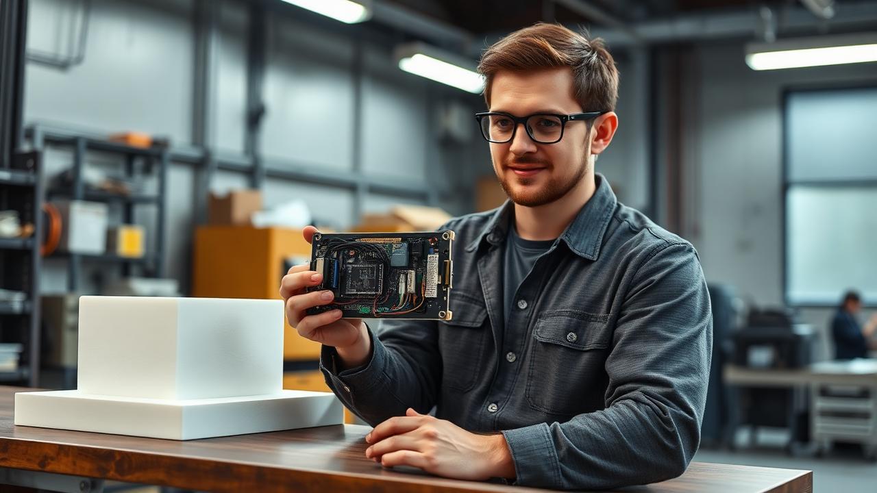 A product engineer holding an early works-like prototype with exposed wiring and breadboard next to a white foam looks-like model on a workbench