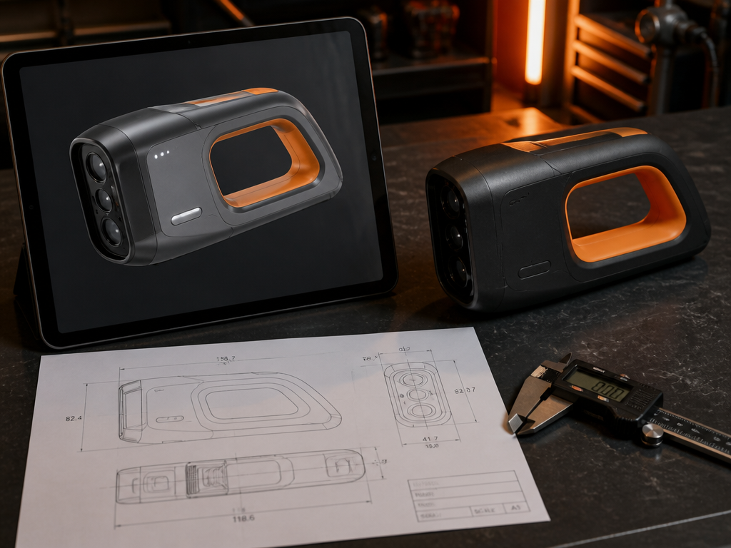 A concept render on a tablet beside the same product as a finished engineered part with calipers and a dimensioned drawing