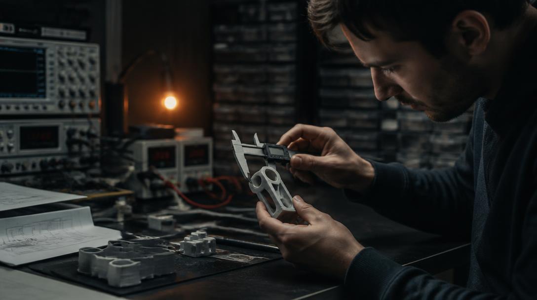 Engineer measuring a prototype part with calipers on a test bench
