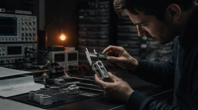 Engineer measuring a prototype part with calipers on a test bench