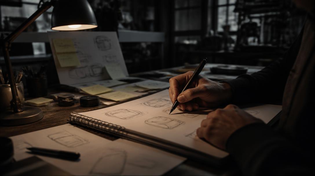 Founder sketching early product concepts in a notebook at a design studio desk