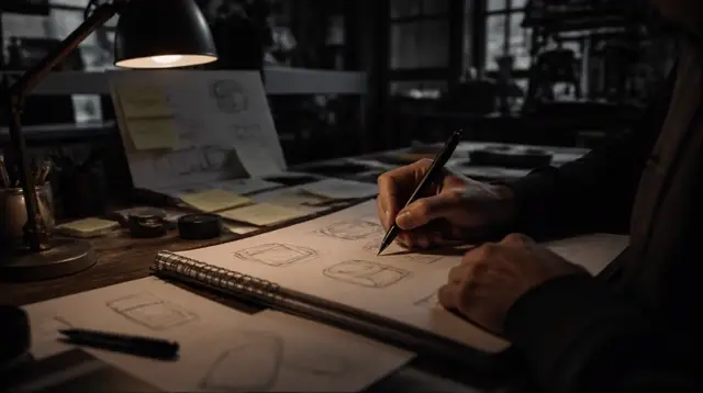 Founder sketching early product concepts in a notebook at a design studio desk