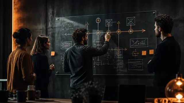 Team mapping a product development roadmap on a whiteboard