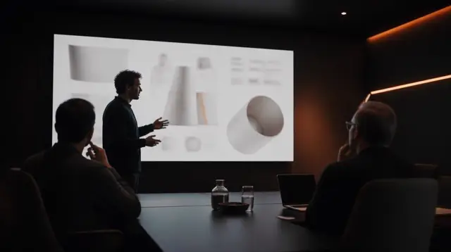 Founder presenting a product concept to investors in a pitch meeting