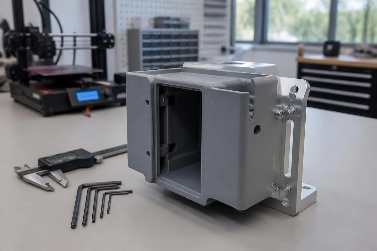 3D-printed prototype housing with a machined bracket, calipers, and hex keys on a prototyping lab bench