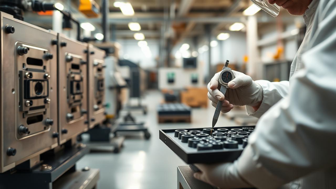 Technician inspecting molded production parts beside injection molding tooling on a factory floor