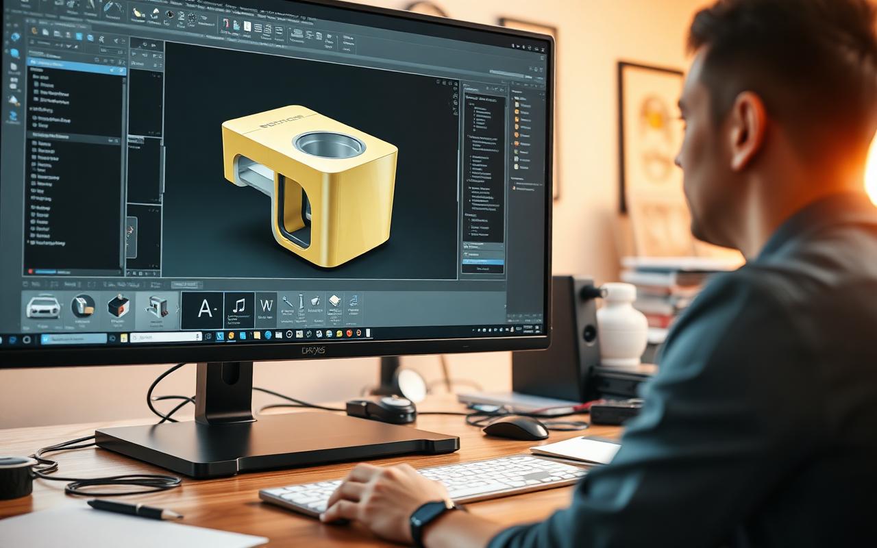 Refined consumer product CAD concept on a designer's monitor